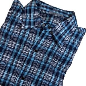 Pop Icon Plaid Shirt Long Sleeve Seersucker Pearl Snap Western Casual Blue LG